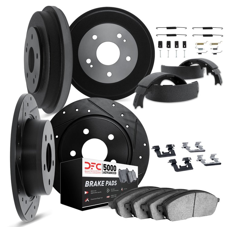 8514-74037 Drilled/Slotted Brake Rotors w/5000 Advanced Brake Pads/Drums/Shoes & Hardware Kit [Black], 1979-1985 Audi/Volkswagen