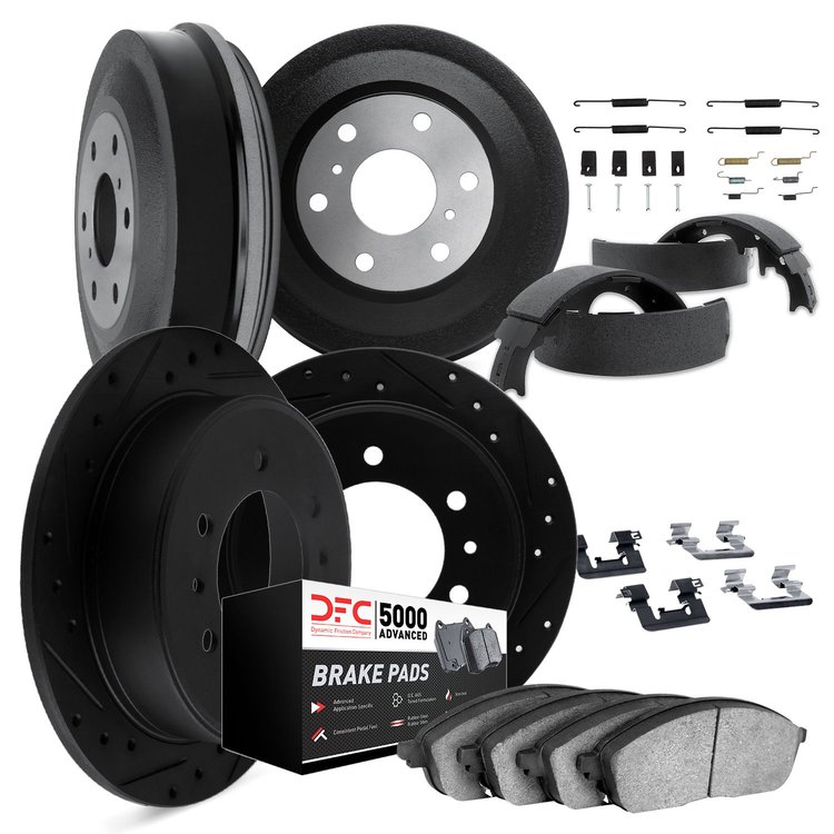 8514-76005 Drilled/Slotted Brake Rotors w/5000 Advanced Brake Pads/Drums/Shoes & Hardware Kit [Black], 1981-1985 Lexus/Toyota/Sc