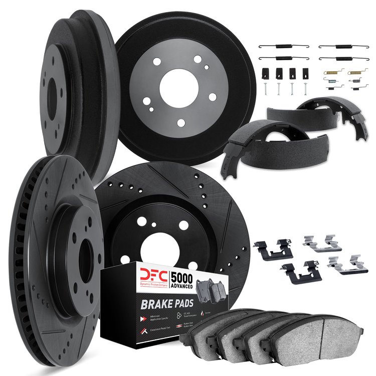 8514-76122 Drilled/Slotted Brake Rotors w/5000 Advanced Brake Pads/Drums/Shoes & Hardware Kit [Black], 2003-2008 Multiple Makes/