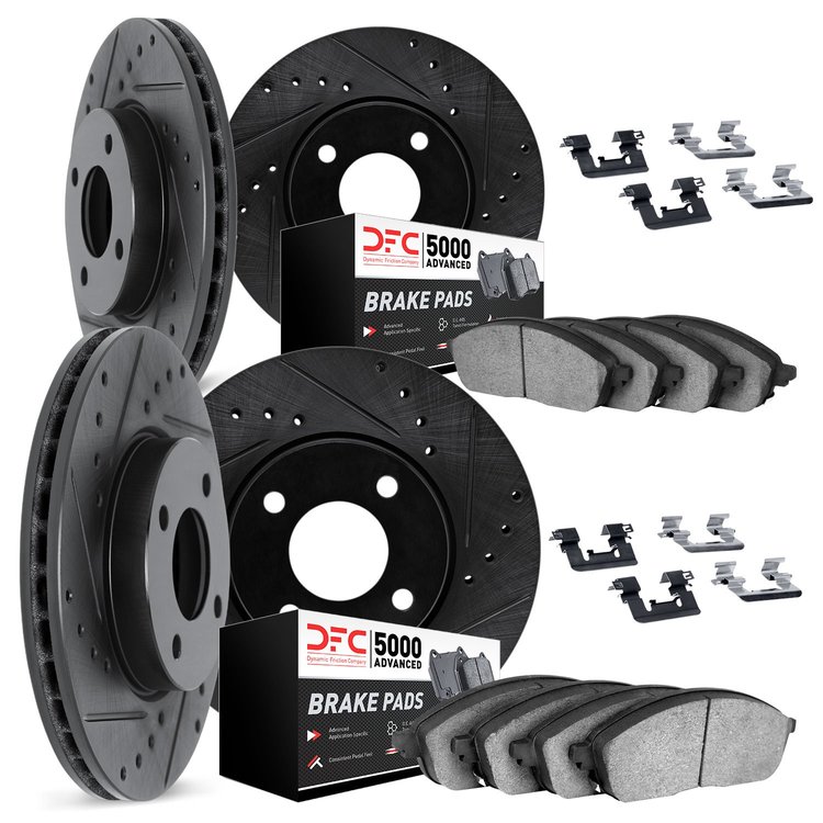 8514-76145 Drilled/Slotted Brake Rotors w/5000 Advanced Brake Pads Kit & Hardware [Black], 1984-1984 Lexus/Toyota/Scion, Positio