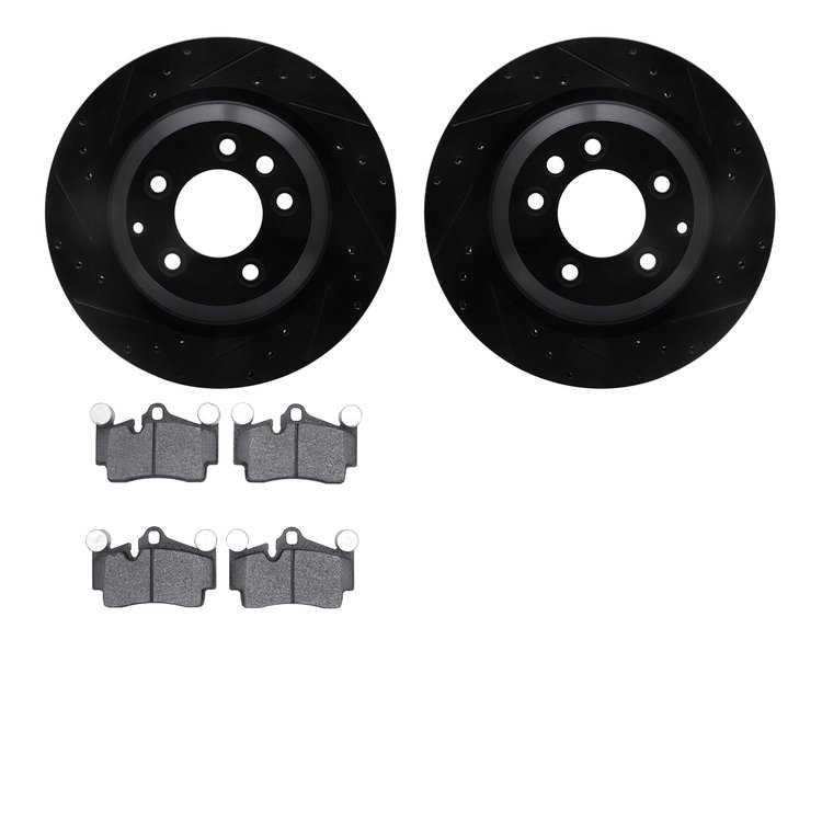 8602-02017 Drilled/Slotted Brake Rotors w/5000 Euro Ceramic Brake Pads Kit [Black], 2005-2006 Porsche, Position: Rear
