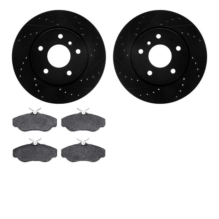 8602-11000 Drilled/Slotted Brake Rotors w/5000 Euro Ceramic Brake Pads Kit [Black], 1994-2002 Land Rover, Position: Front