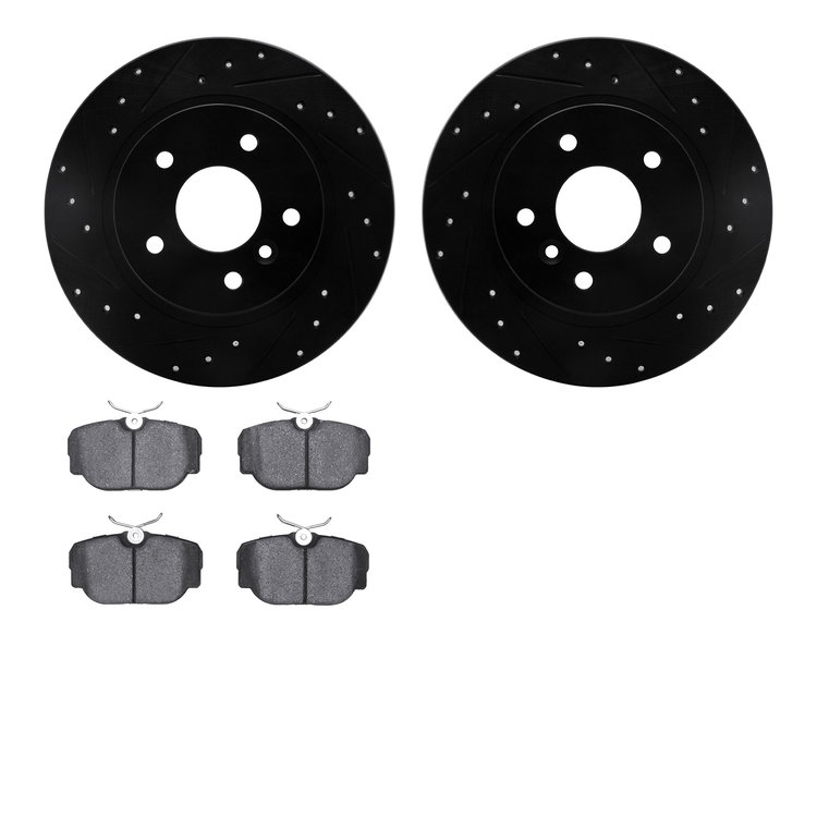 8602-11001 Drilled/Slotted Brake Rotors w/5000 Euro Ceramic Brake Pads Kit [Black], 1994-2004 Land Rover, Position: Rear