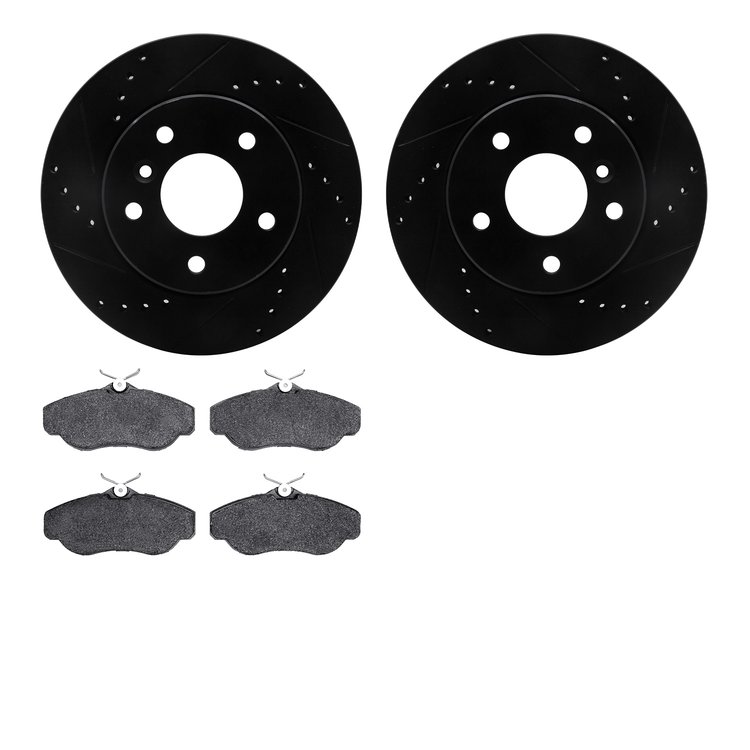 8602-11002 Drilled/Slotted Brake Rotors w/5000 Euro Ceramic Brake Pads Kit [Black], 1999-2004 Land Rover, Position: Front
