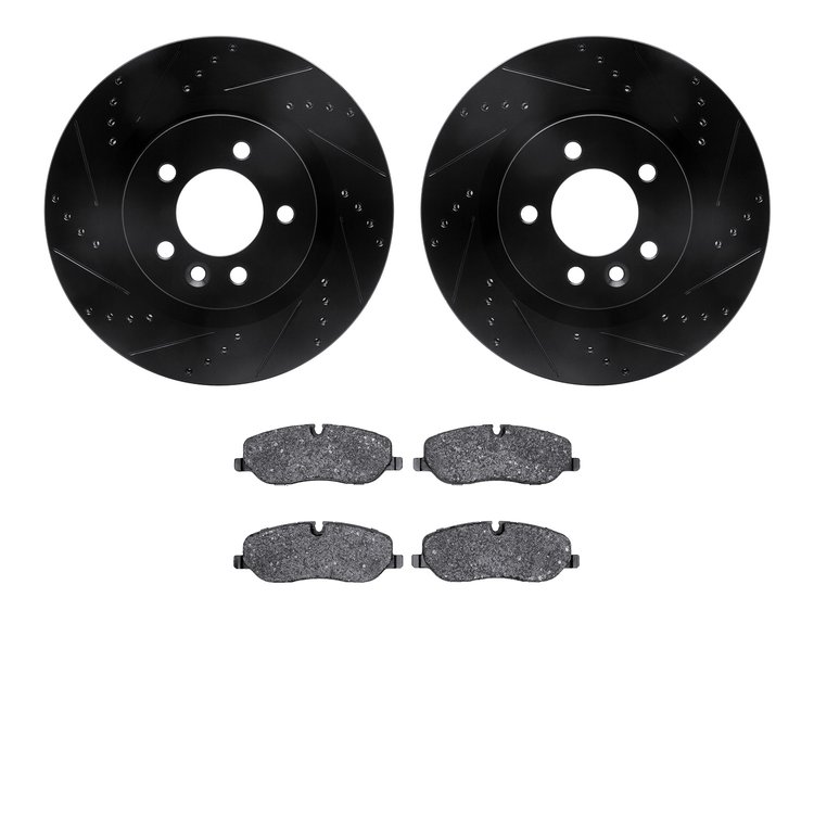 8602-11005 Drilled/Slotted Brake Rotors w/5000 Euro Ceramic Brake Pads Kit [Black], 2005-2009 Land Rover, Position: Front