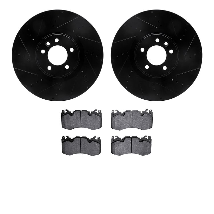 8602-11019 Drilled/Slotted Brake Rotors w/5000 Euro Ceramic Brake Pads Kit [Black], 2010-2017 Land Rover, Position: Front