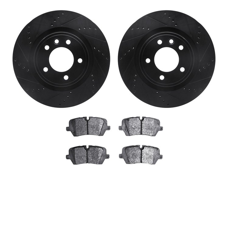8602-11029 Drilled/Slotted Brake Rotors w/5000 Euro Ceramic Brake Pads Kit [Black], 2018-2020 Land Rover, Position: Rear