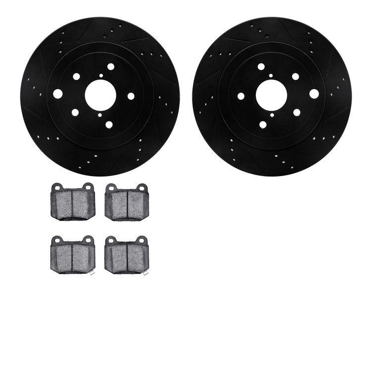 8602-13007 Drilled/Slotted Brake Rotors w/5000 Euro Ceramic Brake Pads Kit [Black], 2008-2020 Subaru, Position: Rear