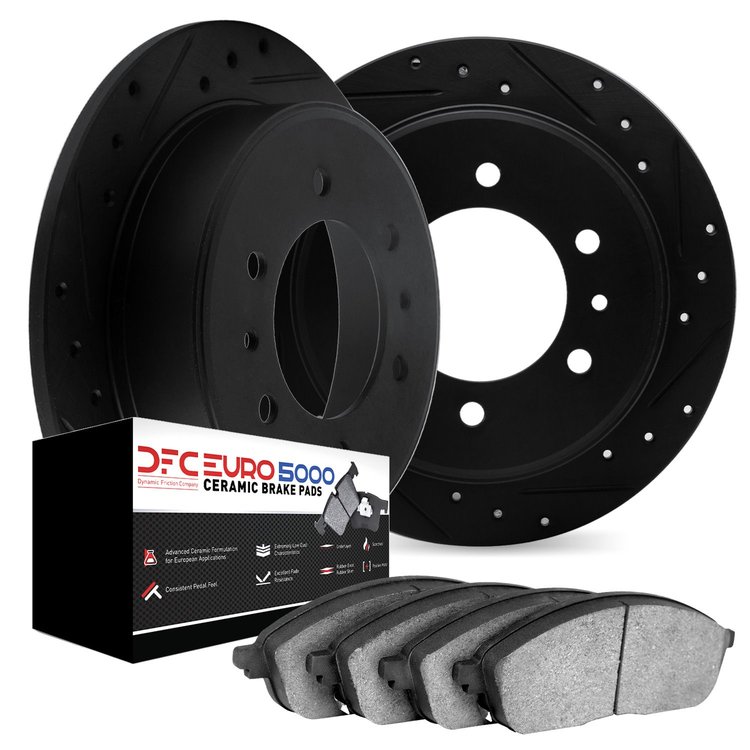 8602-16003 Drilled/Slotted Brake Rotors w/5000 Euro Ceramic Brake Pads Kit [Black], 1981-1986 Alfa Romeo, Position: Rear