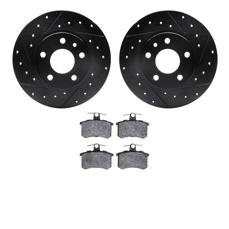 8602-16006 Drilled/Slotted Brake Rotors w/5000 Euro Ceramic Brake Pads Kit [Black], 1991-1995 Alfa Romeo, Position: Rear