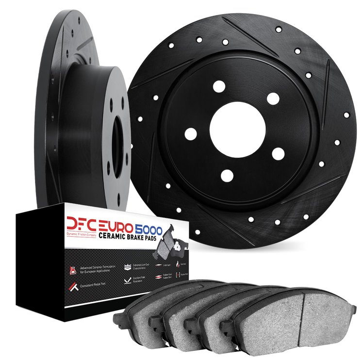 8602-20004 Drilled/Slotted Brake Rotors w/5000 Euro Ceramic Brake Pads Kit [Black], 1990-1995 Jaguar, Position: Rear