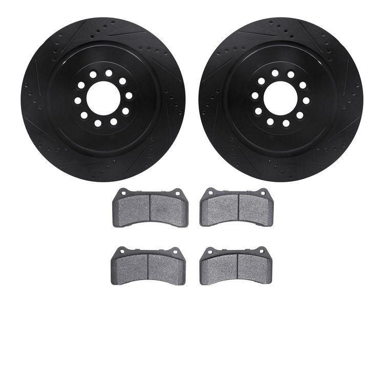8602-20012 Drilled/Slotted Brake Rotors w/5000 Euro Ceramic Brake Pads Kit [Black], 2003-2005 Jaguar, Position: Front