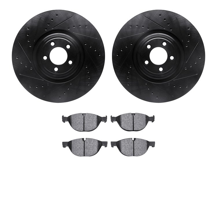 8602-20021 Drilled/Slotted Brake Rotors w/5000 Euro Ceramic Brake Pads Kit [Black], Fits Select Jaguar, Position: Front