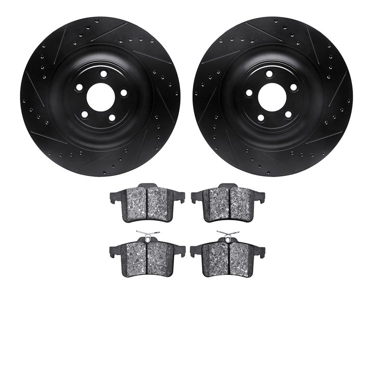 8602-20022 Drilled/Slotted Brake Rotors w/5000 Euro Ceramic Brake Pads Kit [Black], 2010-2017 Jaguar, Position: Rear