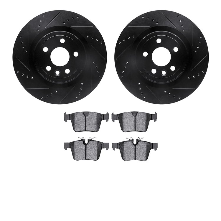8602-20030 Drilled/Slotted Brake Rotors w/5000 Euro Ceramic Brake Pads Kit [Black], 2017-2020 Multiple Makes/Models, Position: R