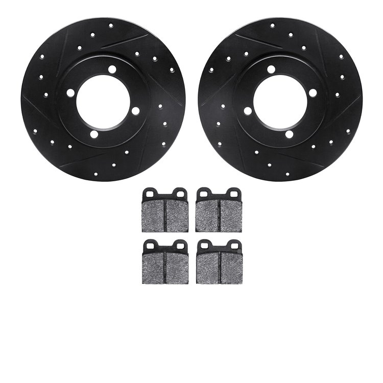 8602-22000 Drilled/Slotted Brake Rotors w/5000 Euro Ceramic Brake Pads Kit [Black], 1967-1971 Opel, Position: Front