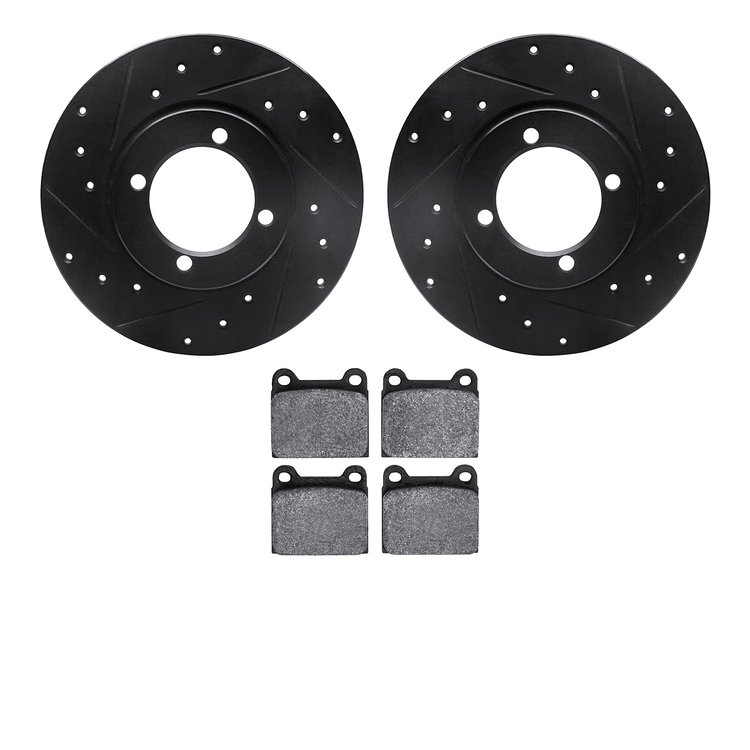 8602-22001 Drilled/Slotted Brake Rotors w/5000 Euro Ceramic Brake Pads Kit [Black], 1968-1973 Opel, Position: Front