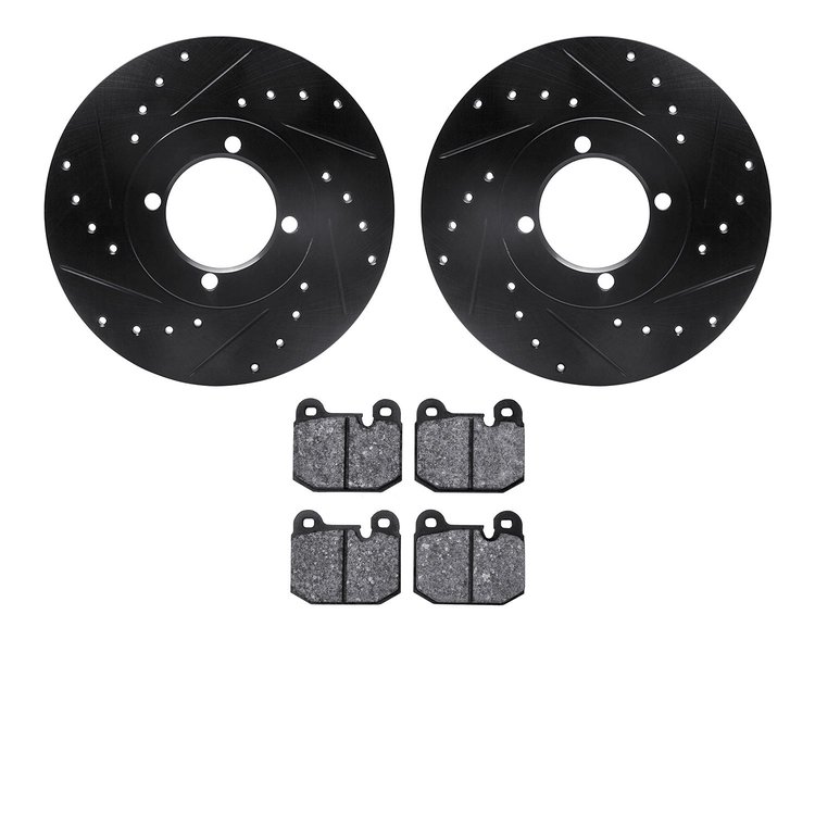 8602-22004 Drilled/Slotted Brake Rotors w/5000 Euro Ceramic Brake Pads Kit [Black], 1974-1979 Multiple Makes/Models, Position: F