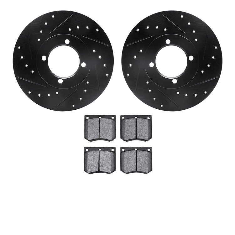 8602-22005 Drilled/Slotted Brake Rotors w/5000 Euro Ceramic Brake Pads Kit [Black], 1976-1979 Lotus, Position: Front
