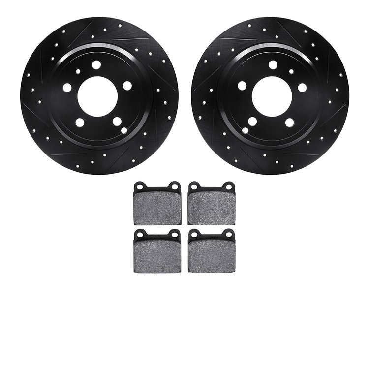 8602-27019 Drilled/Slotted Brake Rotors w/5000 Euro Ceramic Brake Pads Kit [Black], 1996-2004 Volvo, Position: Rear