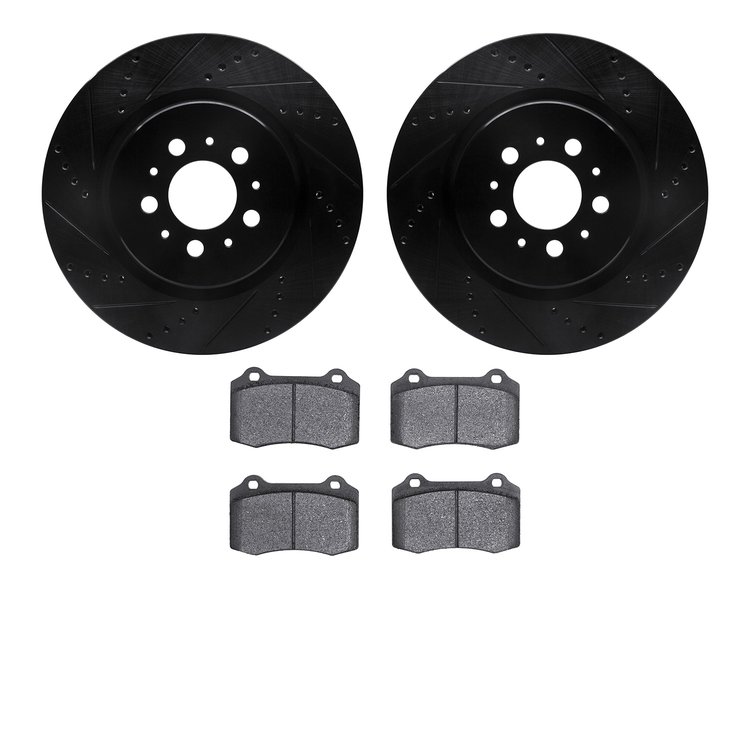 8602-27032 Drilled/Slotted Brake Rotors w/5000 Euro Ceramic Brake Pads Kit [Black], 2004-2007 Volvo, Position: Rear