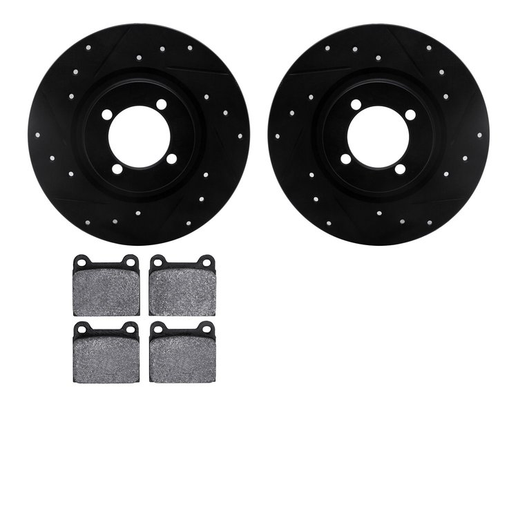 8602-31000 Drilled/Slotted Brake Rotors w/5000 Euro Ceramic Brake Pads Kit [Black], 1967-1969 BMW, Position: Front