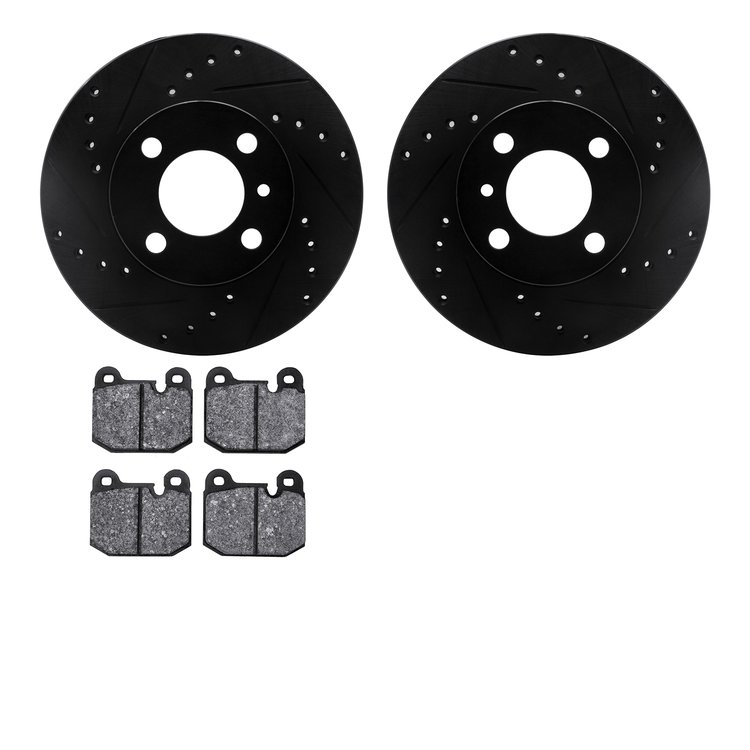 8602-31005 Drilled/Slotted Brake Rotors w/5000 Euro Ceramic Brake Pads Kit [Black], 1977-1977 BMW, Position: Front