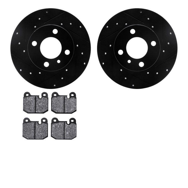 8602-31006 Drilled/Slotted Brake Rotors w/5000 Euro Ceramic Brake Pads Kit [Black], 1977-1983 BMW, Position: Front