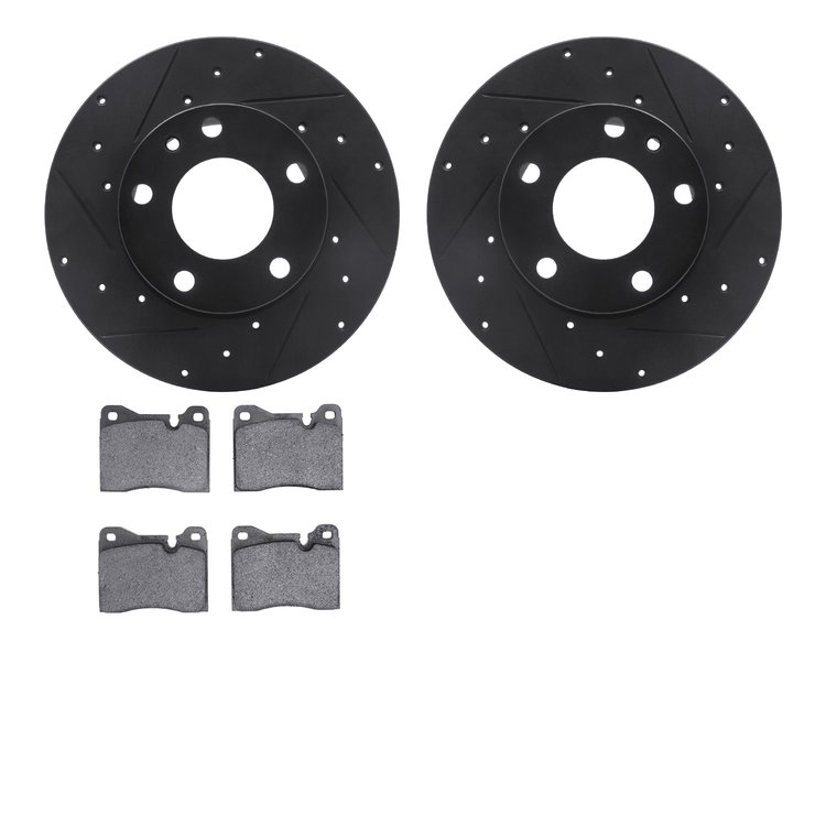 8602-31012 Drilled/Slotted Brake Rotors w/5000 Euro Ceramic Brake Pads Kit [Black], 1976-1976 BMW, Position: Front