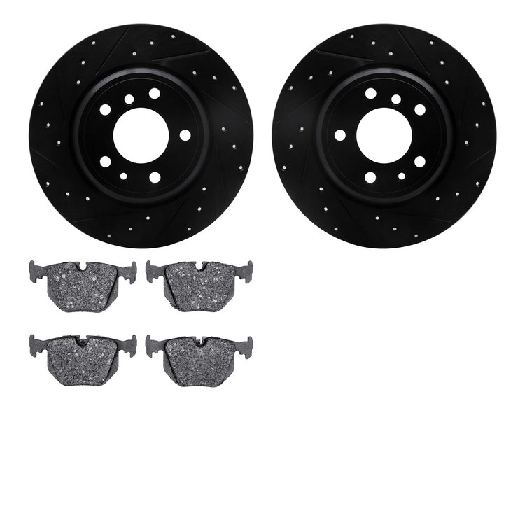 8602-31029 Drilled/Slotted Brake Rotors w/5000 Euro Ceramic Brake Pads Kit [Black], 1991-2001 BMW, Position: Rear