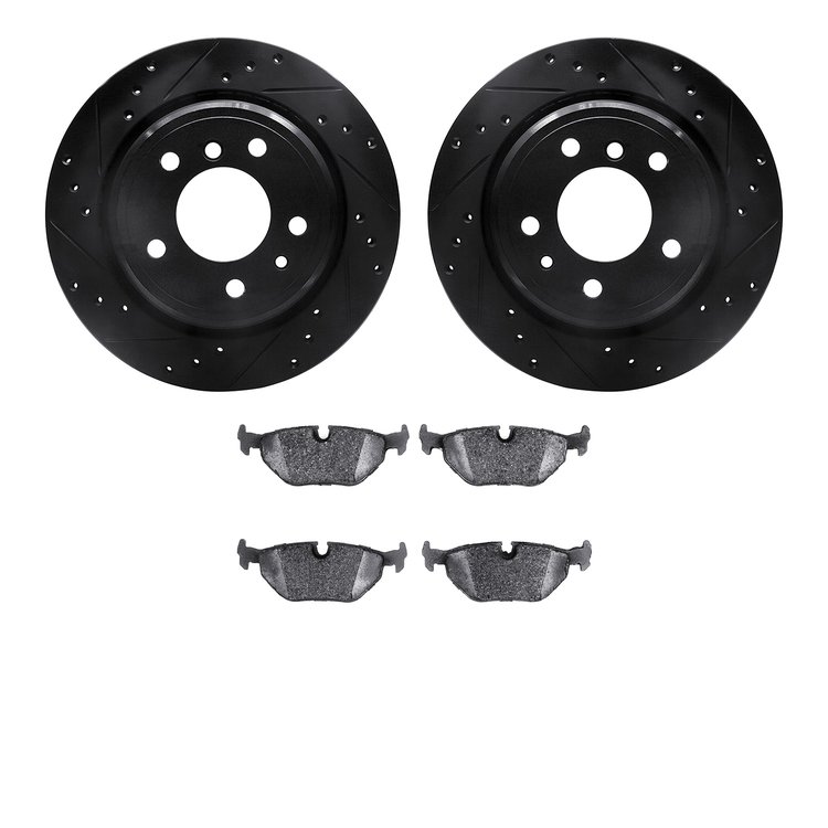 8602-31031 Drilled/Slotted Brake Rotors w/5000 Euro Ceramic Brake Pads Kit [Black], 1991-1995 BMW, Position: Rear