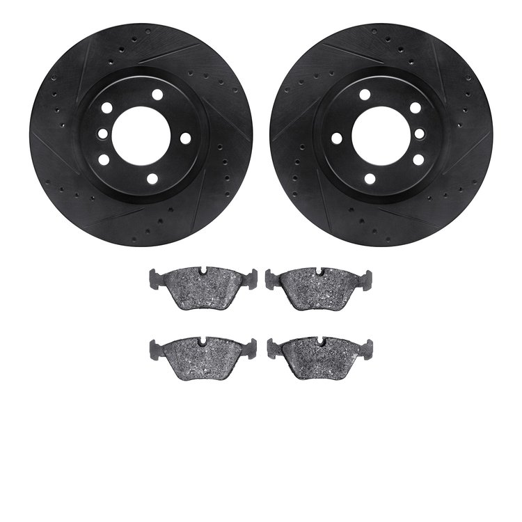8602-31033 Drilled/Slotted Brake Rotors w/5000 Euro Ceramic Brake Pads Kit [Black], 1995-2002 BMW, Position: Front