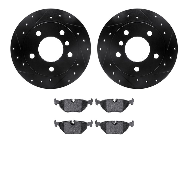 8602-31035 Drilled/Slotted Brake Rotors w/5000 Euro Ceramic Brake Pads Kit [Black], 1995-1999 BMW, Position: Rear