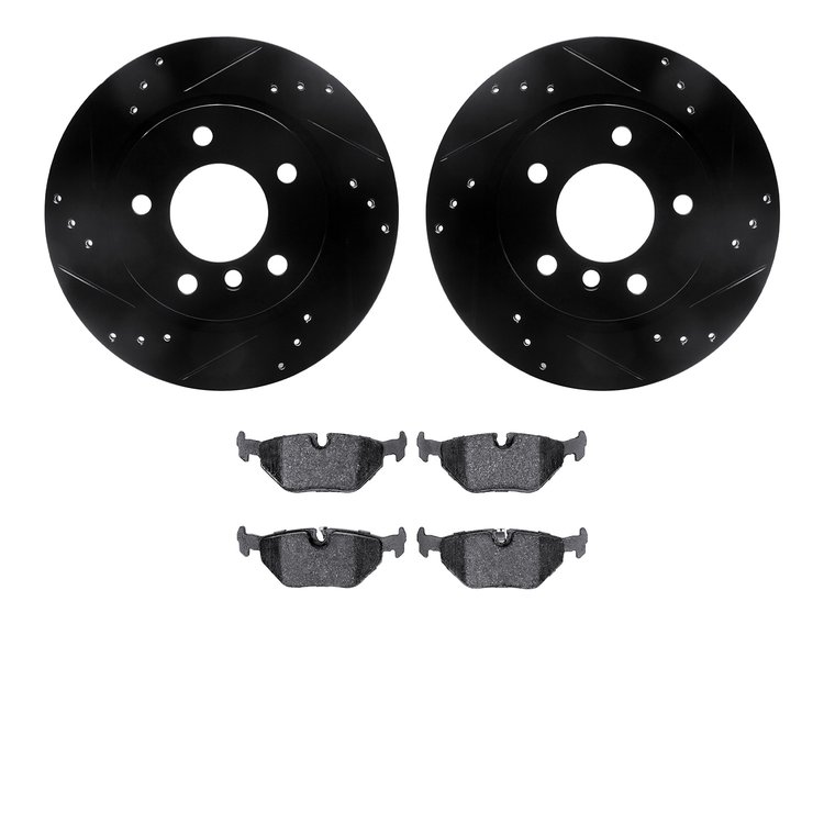 8602-31054 Drilled/Slotted Brake Rotors w/5000 Euro Ceramic Brake Pads Kit [Black], 2003-2008 BMW, Position: Rear