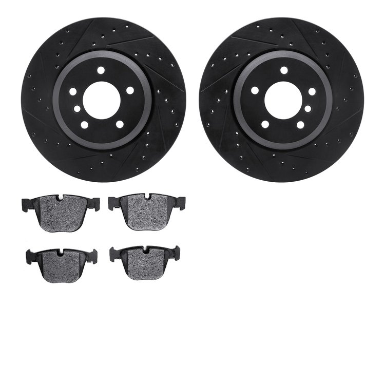 8602-31058 Drilled/Slotted Brake Rotors w/5000 Euro Ceramic Brake Pads Kit [Black], 2004-2010 BMW, Position: Rear