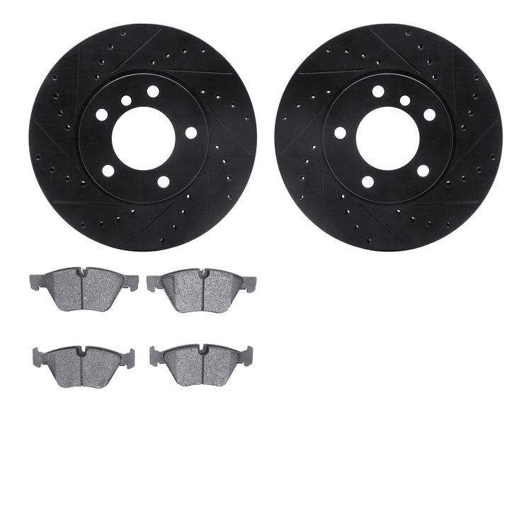 8602-31062 Drilled/Slotted Brake Rotors w/5000 Euro Ceramic Brake Pads Kit [Black], 2007-2013 BMW, Position: Front