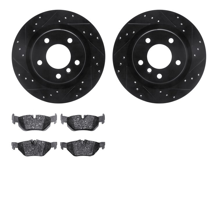 8602-31063 Drilled/Slotted Brake Rotors w/5000 Euro Ceramic Brake Pads Kit [Black], 2006-2013 BMW, Position: Rear