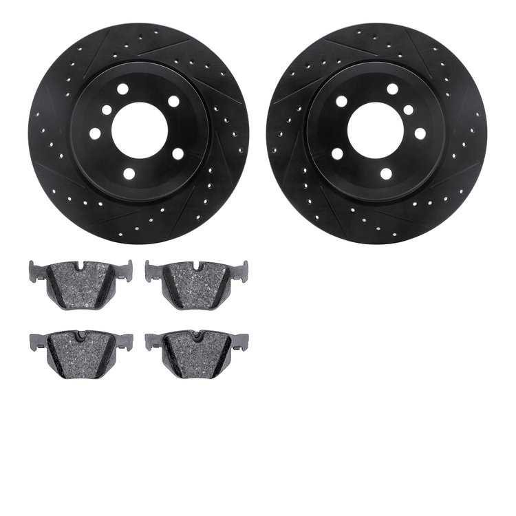 8602-31066 Drilled/Slotted Brake Rotors w/5000 Euro Ceramic Brake Pads Kit [Black], 2006-2010 BMW, Position: Rear
