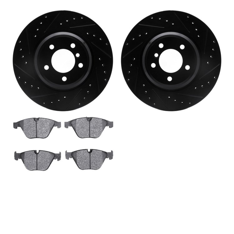8602-31070 Drilled/Slotted Brake Rotors w/5000 Euro Ceramic Brake Pads Kit [Black], 2007-2015 BMW, Position: Front