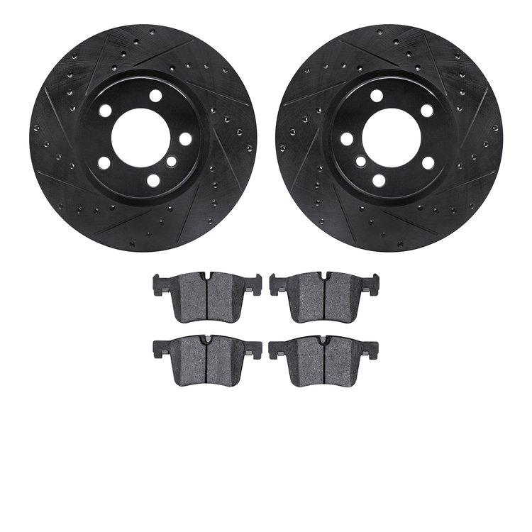 8602-31099 Drilled/Slotted Brake Rotors w/5000 Euro Ceramic Brake Pads Kit [Black], 2012-2018 BMW, Position: Front