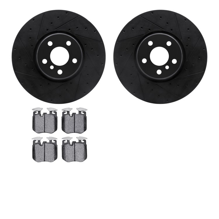 8602-31103 Drilled/Slotted Brake Rotors w/5000 Euro Ceramic Brake Pads Kit [Black], 2019-2021 BMW, Position: Front