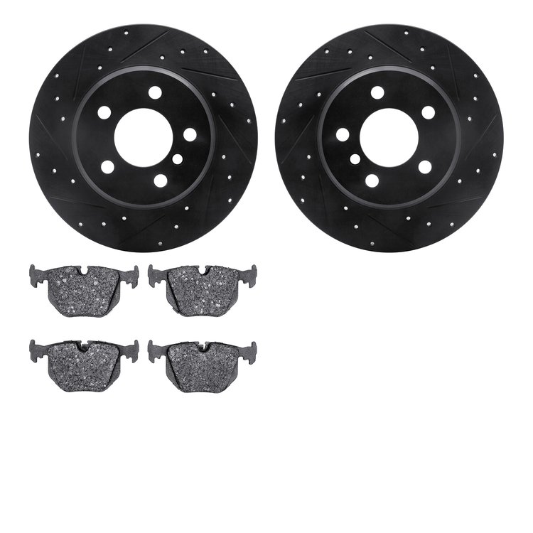 8602-31105 Drilled/Slotted Brake Rotors w/5000 Euro Ceramic Brake Pads Kit [Black], 2000-2006 BMW, Position: Rear