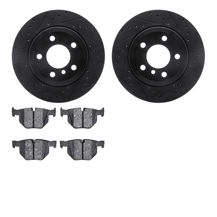 8602-31110 Drilled/Slotted Brake Rotors w/5000 Euro Ceramic Brake Pads Kit [Black], 2007-2019 BMW, Position: Rear
