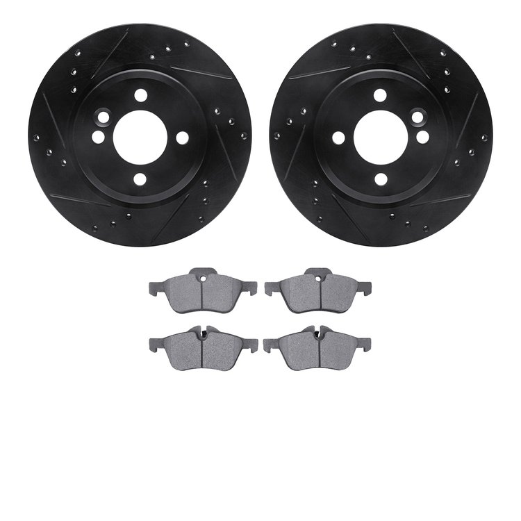 8602-32001 Drilled/Slotted Brake Rotors w/5000 Euro Ceramic Brake Pads Kit [Black], 2002-2006 Mini, Position: Front