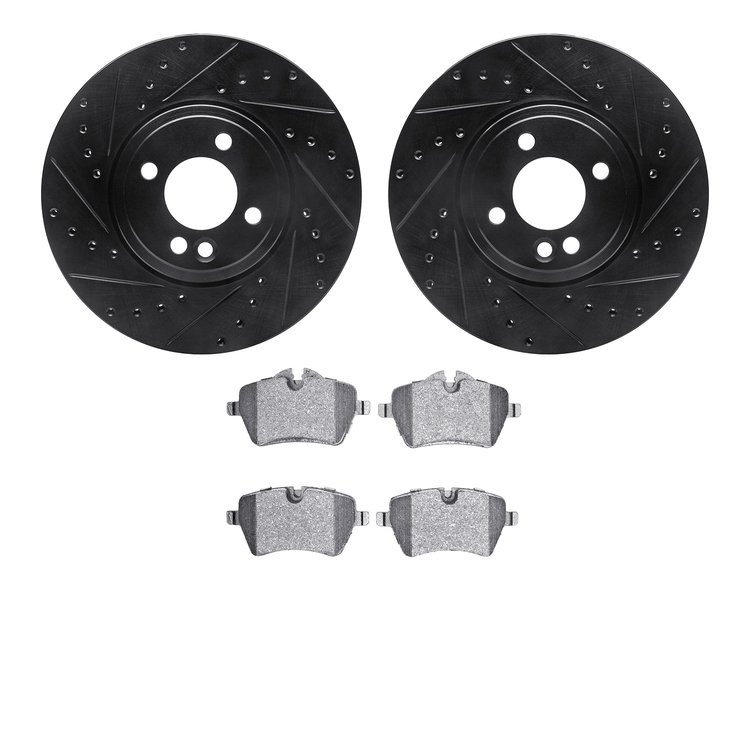 8602-32002 Drilled/Slotted Brake Rotors w/5000 Euro Ceramic Brake Pads Kit [Black], 2002-2006 Mini, Position: Front