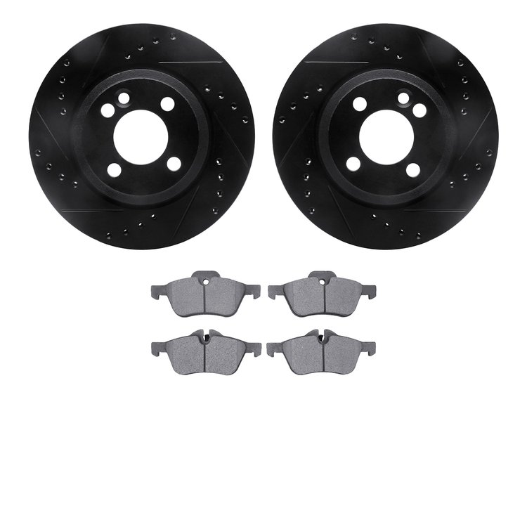 8602-32005 Drilled/Slotted Brake Rotors w/5000 Euro Ceramic Brake Pads Kit [Black], 2007-2008 Mini, Position: Front