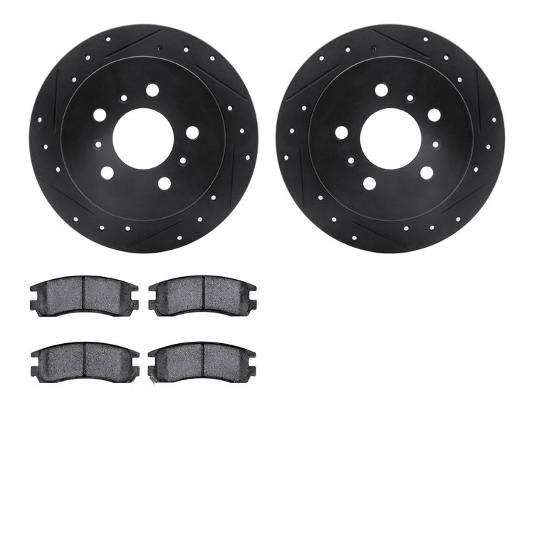 8602-45000 Drilled/Slotted Brake Rotors w/5000 Euro Ceramic Brake Pads Kit [Black], 2006-2010 GM, Position: Rear
