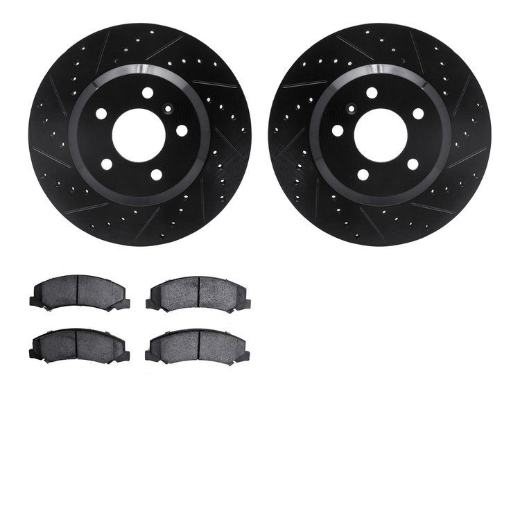 8602-45001 Drilled/Slotted Brake Rotors w/5000 Euro Ceramic Brake Pads Kit [Black], 2006-2016 GM, Position: Front