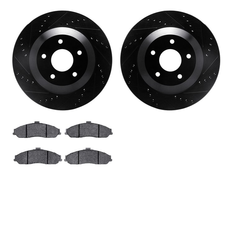 8602-46002 Drilled/Slotted Brake Rotors w/5000 Euro Ceramic Brake Pads Kit [Black], 1997-2009 GM, Position: Front