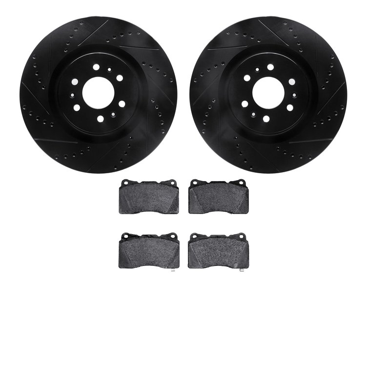 8602-46003 Drilled/Slotted Brake Rotors w/5000 Euro Ceramic Brake Pads Kit [Black], 2004-2011 GM, Position: Front